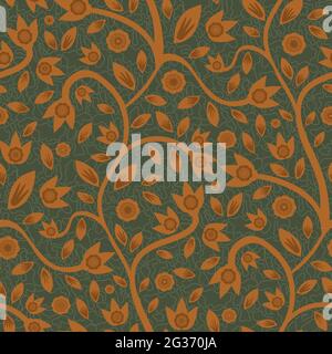 Moderno sfondo vettoriale con motivo senza giunture in stile floreale indiano. Verde salvia e terracotta ocra fiori astratti e foglie su steli avvolgianti su a. Illustrazione Vettoriale