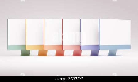 Il computer desktop multicolore monitora il mockup per la presentazione del concept design di applicazioni e Web nel rendering 3D Foto Stock