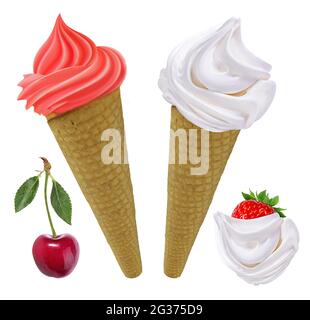 Gelato in coni con vaniglia dolce ciliegia e fragola isolato su sfondo bianco. Foto Stock