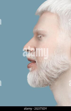 Profilo closeup ritratto di albino con capelli bianchi, barba, ciglia e sopracciglia, sfondo turchese, vista laterale Foto Stock