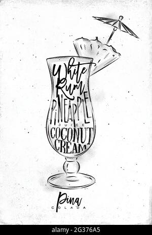 Pina colada cocktail scritta bianco rum, succo di ananas, crema di cocco in stile grafico vintage disegno su carta sporco sfondo Illustrazione Vettoriale