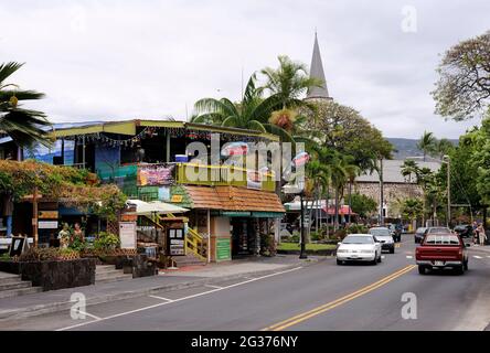 Ristorante sul mare e negozi sulla strada principale di Kailua-Kona, Big Island, Hawaii Foto Stock