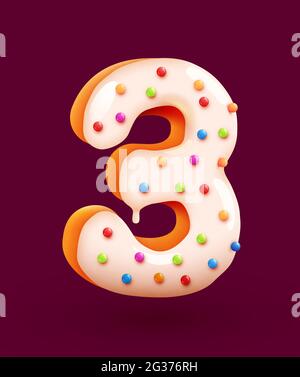 Font in ciambella smaltata. Numero 3. Torta numero tre. Stile dessert. Collezione di gustosi numeri di panetteria con panna. Concetto di anniversario e compleanno. Illustrazione vettoriale. Illustrazione Vettoriale