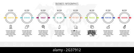 Infografiche cerchi con icone. Concetto di business vettoriale di linea di 8 passi per passo, opzioni, quadrati. Modello con otto modi per diagramma, web, banner Illustrazione Vettoriale