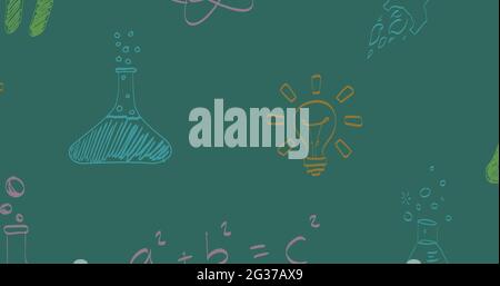 Composizione di disegni colorati di gesso relativi a chimica e matematica su lavagna verde Foto Stock