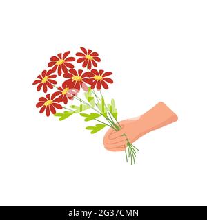 Bouquet di margherite in mano, clipart vettoriale in stile piatto isolato, cartone animato Illustrazione Vettoriale