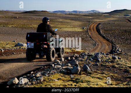 Pista, ATV, Yamaha Grizzly, biker, quad rider, Paesaggio lavico, fessura laki, altopiani, Islanda Foto Stock