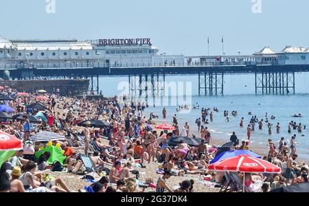 Brighton UK 14 giugno 2021 - le folle godono il sole caldo sulla spiaggia di Brighton oggi come le temperature sono previste per raggiungere il centigradi alto 20s nel sud-est ancora: Credit Simon Dack / Alamy Live News Foto Stock