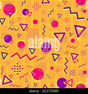 Motivo geometrico senza giunture con forme viola e magenta. Sfondo psicedelico e funky ripetitivo con cerchi, triangoli e linee a zigzag. Creat Illustrazione Vettoriale