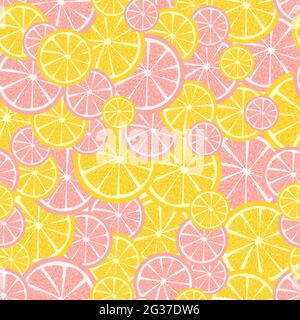 Motivo estivo senza cuciture con fette di frutta l'una sull'altra. Limoni, arance e pompelmi sfondo ripetitivo. Tessuto e tessuto stampabile w Illustrazione Vettoriale