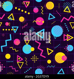 Motivo geometrico senza cuciture con forme moderne e minimaliste. Sfondo ripetitivo con triangoli, linee, cerchi e punti. Spazio digitale colorato AN Illustrazione Vettoriale