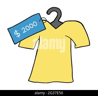 Cartoon vettore illustrazione di t-shirt e molto costoso prezzo tag. Contorni colorati e neri. Illustrazione Vettoriale
