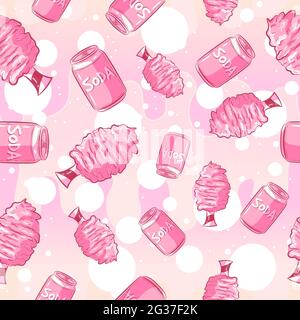 Kawaii senza cuciture con lattine di soda e caramelle di cotone. Sfondo rosa girly ripetitivo con dolci e bevande del festival estivo. Carino arte vettoriale Illustrazione Vettoriale