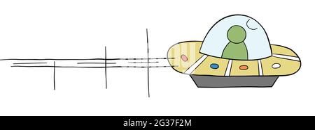 Cartoon vettore illustrazione di volo UFO. Contorni colorati e neri. Illustrazione Vettoriale