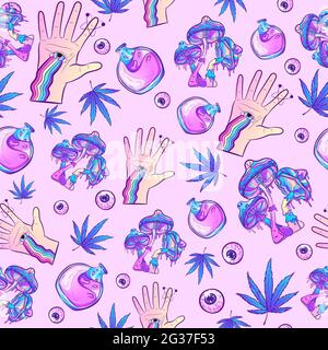 Pattern psichedelico viola senza cuciture con colori vivaci e trippy ed elementi massonici esoterici. Fondo ripetitivo con funghi, marijuana, mani, Illustrazione Vettoriale