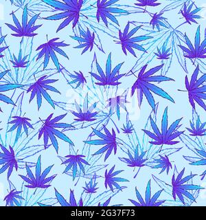 Modello senza giunture con foglie di marijuana blu. Gradiente ripetizione sfondo con piante di cannabis. Arte vettoriale psichedelica e trippica con tessitura delle erbacce. Illustrazione Vettoriale