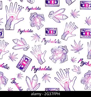 Pattern psicodelico senza giunture con sfumature di witchy ed elementi occulti. Witchcraft fondo ripetitivo con pietre preziose, cassette, funghi Illustrazione Vettoriale