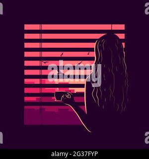 Arte vettoriale di una donna nel suo appartamento guardando attraverso la finestra e bere caffè. Lady silhouette annoiato a casa e guardando la urbano Illustrazione Vettoriale