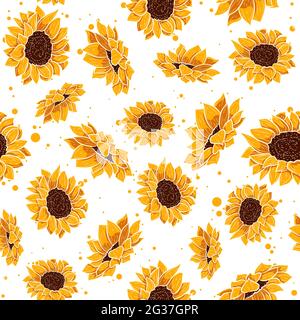 Motivo giallo senza giunture con fiori tropicali estivi. Sfondo floreale ripetitivo con elementi floreali primaverili. Carta da parati vettoriale con girasoli Illustrazione Vettoriale