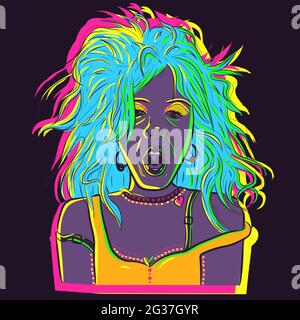 Arte vettoriale di una donna al neon addormentata con capelli del letto sudati e una bocca aperta che sbadigia. Illustrazione colorata di una ragazza svegliata che ha un hangover. Illustrazione Vettoriale
