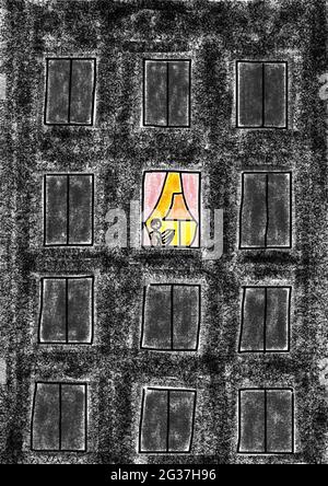 Illustrazione ingenua, disegno di bambino, facciata della casa grigia con una finestra del soggiorno illuminata Foto Stock