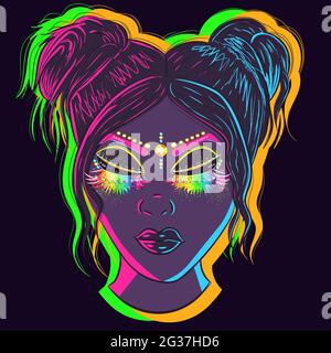 Donna che brilla sotto le luci al neon con favoloso trucco glitterato, strhinestones ed enormi ciglia dell'arcobaleno. Personaggio cartoon Illustrazione Vettoriale