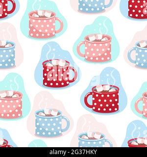 Tazza di cacao motivo senza cuciture, tazze di diversi colori in punti polka bianchi con cacao e marshmallows, stampa vettoriale in stile piatto Illustrazione Vettoriale