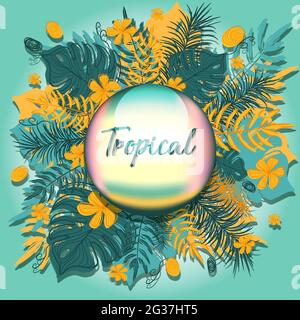 Biglietto d'auguri per l'Aloha hawaiiano d'estate con vegetazione esotica e tropicale. Volantino o modello con foglie di palma monstera, ibisco giallo Illustrazione Vettoriale