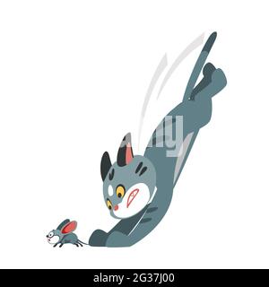 Il gatto cartoon sulla caccia ha catturato un piccolo topo. Illustrazione vettoriale di un carattere isolato su sfondo bianco Illustrazione Vettoriale