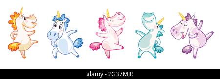 Carino arcobaleno felice danza unicorni. Illustrazione vettoriale isolata con unicorni su sfondo bianco. Per feste, stampa, decorazione, carta da parati, disegno, biancheria Illustrazione Vettoriale