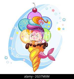 Carino personaggio sirena kawaii in cono gelato. Illustrazione isolata di cartoni animati vettoriali. Illustrazione del magazzino. Per la composizione, la stampa e la progettazione di t-shirt, Illustrazione Vettoriale