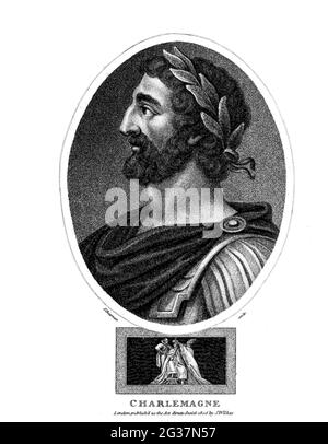 Carlo i, 2 aprile 748 – 814 gennaio 28), fu Re dei Franchi dal 768, Re dei Longobardi dal 774 e Imperatore dei Romani dal 800. Durante l'Alto Medioevo, ha unito la maggior parte dell'Europa occidentale e centrale. Incisione su copperplate dell'Enciclopedia Londinensis OR, dizionario universale delle arti, delle scienze e della letteratura; Volume VII; a cura di Wilkes, Giovanni. Pubblicato a Londra nel 1810 Foto Stock