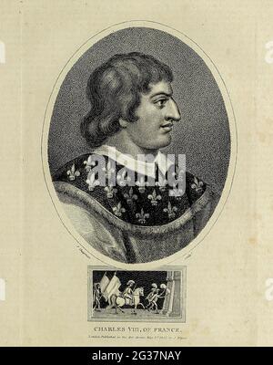 Carlo VIII di Francia Carlo VIII, detto l'affabile (in francese: l'affabile; 30 giugno 1470 – 7 aprile 1498), fu re di Francia dal 1483 alla sua morte nel 1498. Succedette a suo padre Luigi XI all'età di 13 anni.[1] sua sorella maggiore Anna agì come reggente insieme a suo marito Pietro II, Duca di Borbone[1][2] fino al 1491, quando il giovane re aveva compiuto 21 anni. Incisione su copperplate dell'Enciclopedia Londinensis OR, dizionario universale delle arti, delle scienze e della letteratura; Volume VII; a cura di Wilkes, Giovanni. Pubblicato a Londra nel 1810 Foto Stock