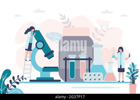 Donne che fanno ricerca farmaceutica. Gruppo di farmacisti sta sviluppando nuovi farmaci. Carattere femminile che guarda attraverso un microscopio di grandi dimensioni. Concetto di farmacia Illustrazione Vettoriale
