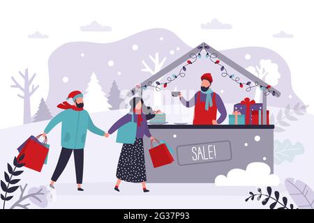 La coppia ama camminare e fare shopping nella fiera invernale. Carattere maschile che vende bevande calde e dolci sul mercato di natale. Concetto di fiera di vacanza e havin Illustrazione Vettoriale