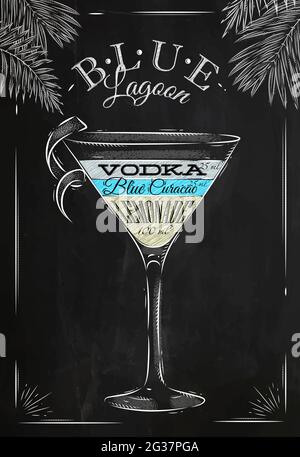 Cocktail Blue Lagoon in stile vintage stilizzato con gesso su lavagna Illustrazione Vettoriale