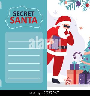 Banner babbo santa segreto stampabile. Biglietto d'auguri di Natale con Babbo Natale. Nonno divertente in costume rosso. Albero di Natale, vari regali e giocattoli. Bac Illustrazione Vettoriale