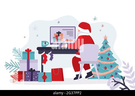 Nonno accetta gli ordini dei bambini per i regali in linea. Padre Natale con il computer portatile controlla le e-mail. Babbo Natale seduto alla scrivania e in lavoro. Santa cla Illustrazione Vettoriale