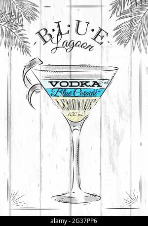 Cocktail Blue Lagoon in stile vintage dipinto su tavole di legno Illustrazione Vettoriale