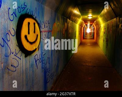 Graffiti disegnati su pareti di passerella in un tunnel della metropolitana laterale arte Foto Stock