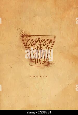 Espresso con scritta DOPPIO Cup in disegno grafico vintage con artigianato Illustrazione Vettoriale