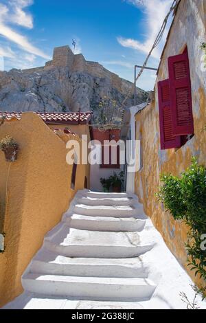 Quartiere di Anafiotika, sotto l'Acropoli, fotografia di strada, Atene, Grecia. Foto Stock
