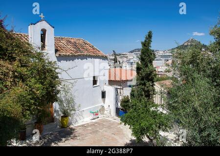 Quartiere di Anafiotika, sotto l'Acropoli, fotografia di strada, Atene, Grecia. Foto Stock
