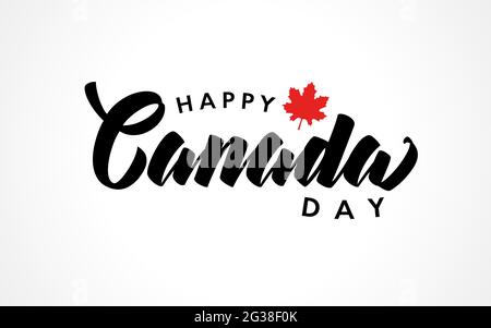 Happy Canada Day scritta a mano logo vettore isolato con foglia d'acero realistico. Tipografia per biglietti d'auguri, decorazioni e rivestimenti. Concetto Illustrazione Vettoriale