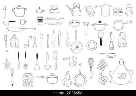 Utensili contorno linea doodle clipart d'arte. Illustrazione vettoriale. Illustrazione Vettoriale