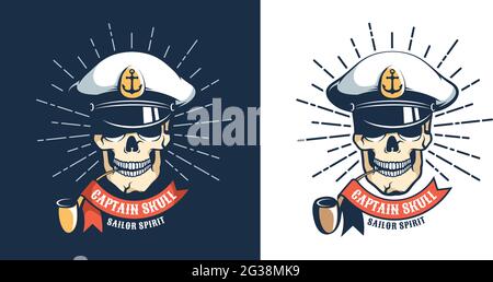 Testa del teschio del capitano con pipa - logo retrò Illustrazione Vettoriale