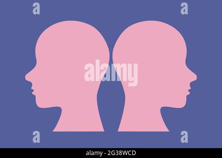 Due persone che guardano in direzioni diverse. Illustrazione dell'opposizione, linee di testa umana. Per stampe, miniature, copertine. Foto Stock