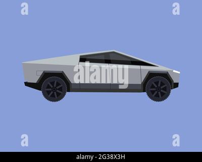 Illustrazione editoriale Tesla Cybertruck. Design grafico del veicolo elettrico su uno sfondo pulito. Auto argento ed ecocompatibile. Vettore. Illustrazione Vettoriale
