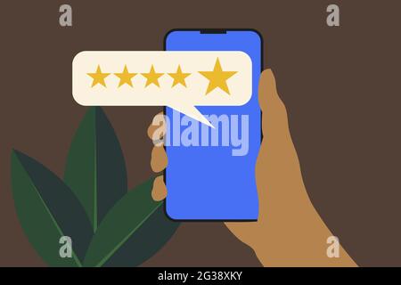 Concetto di recensione a cinque stelle. Primo piano sulla mano del cliente premendo sullo schermo dello smartphone con l'icona di feedback a cinque stelle dorata e premere rank. Illustrazione Vettoriale