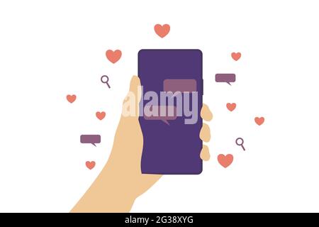 Datazione online. Una persona che tiene uno smartphone mentre utilizza l'applicazione di incontri online per salutare e parlare con altri per appuntamenti. Persone innamorate. Illustrazione Vettoriale